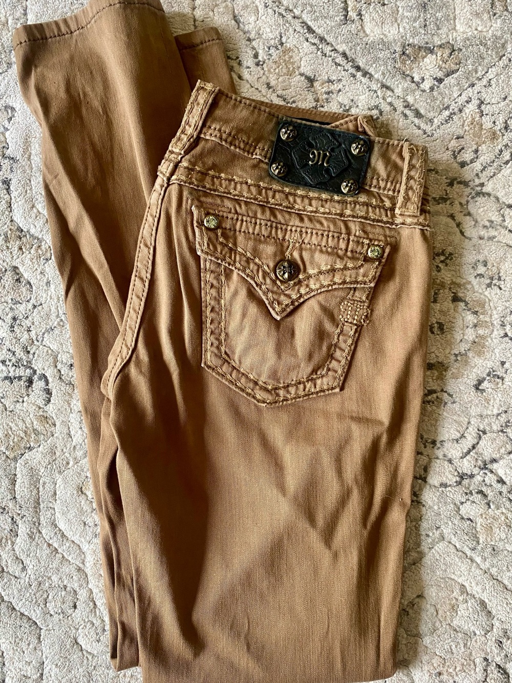 Miss Me Slim Jeans in Camel Brown with Embossed Waist Patch. Size 29.